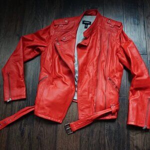 Genuine Leather Biker Jacket in Red